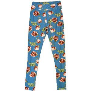 LulaRoe Leggings Tween One Size (00-0) Teal Blue Red Floral Stretch